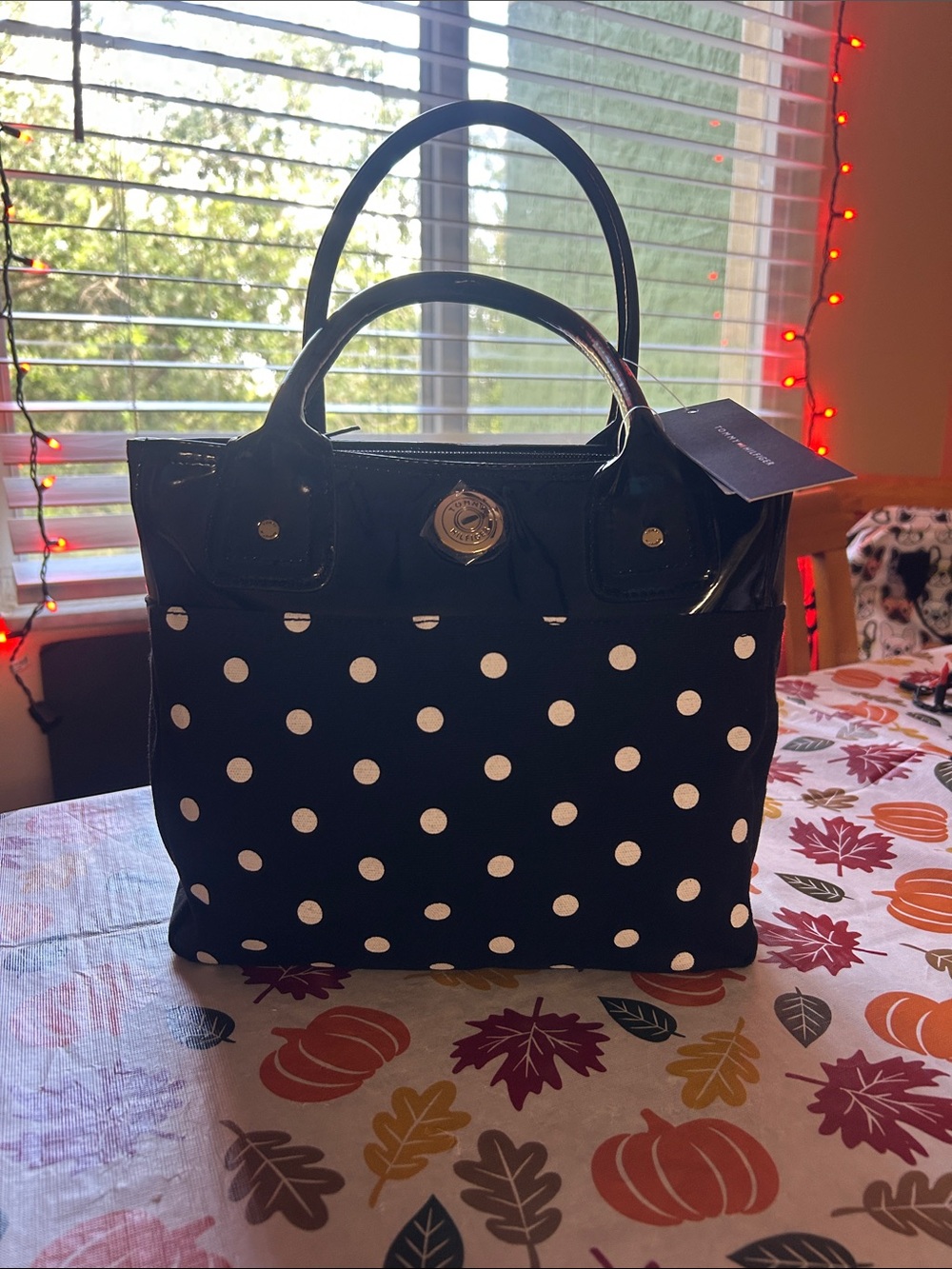 Tommy Hilfiger Polka Dot Black Mini Tote Bag with Patent Trim